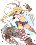  &gt;:3 &gt;_&lt; 1girl :3 anchor_hair_ornament blonde_hair gloves grey_eyes hair_ribbon highres kantai_collection microskirt rensouhou-chan ribbon sailor_dress shimakaze_(kantai_collection) skirt thigh-highs thong_panties 