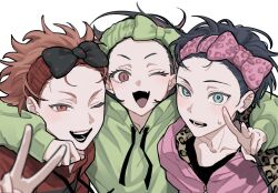  3boys ace_trappola ace_trappola_(cozy_loungewear) animal_print arm_around_shoulder black_bow blue_eyes blue_hair bow commentary deuce_spade deuce_spade_(cozy_loungewear) green_hairband green_hoodie hairband highres hood hood_down hoodie jacket leopard_print lilia_vanrouge lilia_vanrouge_(cozy_loungewear) long_sleeves looking_at_viewer male_focus multiple_boys one_eye_closed open_mouth orange_hair outstretched_arm pink_bow pink_hairband pink_jacket red_eyes red_hairband red_hoodie simple_background slit_pupils smile sweatdrop teeth twisted_wonderland udonh upper_body v white_background 