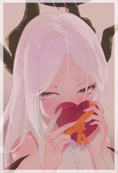  1girl bare_shoulders blue_archive blush box buttons commentary_request covered_mouth demon_girl demon_horns demon_tail eyelashes fingernails frown furrowed_brow gift gift_box grey_background grey_hair hair_between_eyes halo heart-shaped_box highres hina_(blue_archive) holding holding_box horns keji133 long_hair looking_to_the_side parted_bangs pink_eyes ribbon shirt shy simple_background solo solo_focus tail upper_body valentine violet_eyes white_hair white_shirt wince 