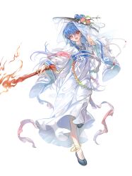  1girl 80isiiii :d absurdres alternate_costume anklet black_hat blue_hair blue_shoes chinese_clothes commission flower hair_between_eyes hanfu hat hat_flower highres hinanawi_tenshi holding holding_sword holding_weapon jewelry long_hair long_sleeves looking_at_viewer open_mouth peach_hat_ornament qixiong_ruqun red_eyes shoes simple_background smile solo standing standing_on_one_leg sword sword_of_hisou touhou v-shaped_eyebrows veil watermark weapon weimao white_background white_flower white_hanfu white_veil wide_sleeves 