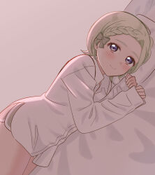  1girl absurdres blush bow braid braided_bangs closed_mouth commentary_request dolphin_shorts dutch_angle grey_background grey_eyes grey_hair grey_shorts hair_bow highres ishimochi_(daleka333) long_sleeves looking_at_viewer love_live! love_live!_nijigasaki_high_school_idol_club lying mia_taylor on_side oversized_clothes oversized_shirt shirt short_hair short_shorts shorts sleeves_past_wrists smile solo tokimeki_no_mirai_chizu white_shirt 