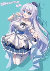  1girl absurdres animal_on_head ankle_garter aqua_background bare_shoulders black_cat blue_bow blue_bowtie blue_eyes blue_ribbon blue_skirt bow bowtie breasts cat cat_on_head choker collarbone commentary_request detached_sleeves dress flower frilled_skirt frills full_body grey_hair hair_ribbon highres indie_virtual_youtuber jewelry long_hair medium_breasts nekozuki_mio off-shoulder_dress off_shoulder on_head open_mouth pleated_dress pleated_skirt ribbon ring rose shoes short_sleeves simple_background single_thighhigh skirt skirt_under_dress solo thigh-highs thigh_strap torzzei very_long_hair virtual_youtuber white_choker white_flower white_rose white_shoes white_sleeves white_thighhighs white_wrist_cuffs wrist_cuffs 