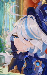  1girl ahoge artist_name black_gloves blue_bow blue_eyes blue_hair blue_hat bow cake closed_mouth curtains day drop-shaped_pupils english_commentary eyelash_ornament food furina_(genshin_impact) genshin_impact gloves hair_between_eyes hair_intakes half-closed_eyes hand_on_own_cheek hand_on_own_face hat heterochromia highres looking_ahead mismatched_pupils multicolored_hair photoshop_(medium) smile solo sorokina_anny symbol-shaped_pupils white_hair 