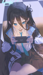  absurdly_long_hair absurdres aris_(blue_archive) black_hair blue_archive blue_eyes blue_necktie chinese_commentary commentary hair_between_eyes halo handheld_game_console highres lan001 long_hair long_hair_between_eyes necktie playing_games playing_video_games side_ponytail skirt very_long_hair 