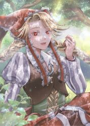  1girl blonde_hair bonnet bow braid coat commentary_request cordelia_(saga) dated dress highres jewelry long_hair long_sleeves looking_at_viewer open_mouth puffy_sleeves ringed_eyes saga saga_frontier_2 skirt solo tao_(anthem) twin_braids 