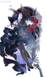  1girl absurdres black_gloves black_hair blood blue_bonnet blue_eyes bonnet breasts broken_glass broken_mirror collarbone commentary_request different_reflection disembodied_hand dress fate/grand_order fate_(series) flower full_body fur-trimmed_dress fur_trim glass glass_shards gloves gothic_lolita high-low_dress highres holding kuonji_alice kuonji_alice_(third_ascension) lolita_fashion looking_at_another looking_at_flowers looking_at_self mahou_tsukai_no_yoru mirror off-shoulder_dress off_shoulder orangemint623 pale_skin pantyhose reflection see-through_clothes see-through_gloves short_hair simple_background solo solo_focus white_background 