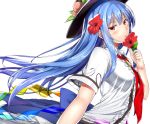  1girl :o blue_hair blush breasts bust flower food food_themed_clothes fruit hair_flower hair_ornament hat hibiscus hinanawi_tenshi large_breasts long_hair looking_at_viewer looking_to_the_side neropaso open_mouth peach red_eyes short_sleeves simple_background solo touhou white_background 