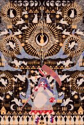  1girl absurdres animal_ears black_shoes boku_(isizakitakasi) bright_pupils commentary_request dress eye_of_providence frills grey_dress hand_up highres holding holding_mallet mallet moon moon_phases parted_lips planetary_ring rabbit rabbit_ears red_eyes red_nails seiran_(touhou) shoes smile solo star_(symbol) touhou whale white_pupils 