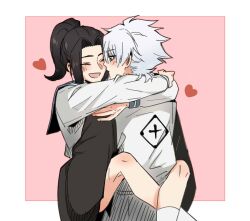  1boy 1girl aqua_eyes arms_around_neck black_hair bleach bleach:_sennen_kessen-hen carrying carrying_person commentary english_commentary haori hatching_(texture) heart hetero high_ponytail highres hitsugaya_toushirou hug japanese_clothes kurosaki_karin leg_lock long_sleeves open_mouth ponytail school_uniform serafuku shihakusho silegesi smile socks taichou_haori white_hair white_socks 