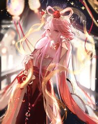  1girl absurdres aerial_fireworks architecture bow-shaped_hair brown_eyes bug butterfly camellia chinese_clothes chinese_commentary chinese_hairpin chinese_new_year collar commentary_request cowboy_shot detached_collar dot_nose earrings east_asian_architecture eyelashes fireworks flower hair_between_eyes hair_flower hair_ornament hair_ribbon hand_fan hanfu haoyuzhishijie31369 happy highres holding holding_fan jewelry lantern light_particles lips long_hair long_sidelocks long_sleeves mandarin_collar night nikki_(nikki) nikki_(series) outdoors paper_lantern parted_lips pink_hair pink_lips pom_pom_(clothes) pom_pom_earrings railing red_collar red_flower red_hanfu ribbon sidelocks smile solo teeth tuanshan very_long_hair wide_sleeves 