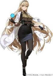  1girl belt black_belt black_boots black_gloves black_hairband black_pantyhose black_skirt blonde_hair boots breasts brown_sweater chest_harness coat coat_on_shoulders commentary_request demeter_(fate) demeter_(second_ascension)_(fate) earrings fate/grand_order fate_(series) full_body glasses gloves gun hairband handgun harness holster jewelry large_breasts long_hair looking_at_viewer necklace official_art okojo outline pantyhose skirt solo standing standing_on_one_leg sweater tachi-e transparent_background turtleneck turtleneck_sweater very_long_hair weapon white_coat white_outline yellow_eyes 