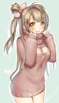  1girl blush breasts brown_hair cleavage cleavage_cutout cowboy_shot hair_ornament hairclip lma long_hair looking_at_viewer love_live!_school_idol_project minami_kotori open-chest_sweater smile solo sweater_dress turtleneck turtleneck_sweater twitter_username yellow_eyes 