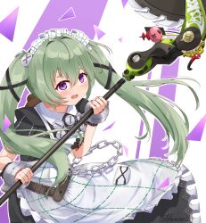  1girl absurdres apron black_dress chain circular_saw commentary_request corin_wickes cuffs dress green_hair hair_between_eyes highres holding holding_weapon long_hair looking_at_viewer maid maid_apron maid_headdress open_mouth puffy_short_sleeves puffy_sleeves saw screw_hair_ornament shirua_(s4-42424) short_sleeves simple_background solo twintails twitter_username violet_eyes weapon white_apron zenless_zone_zero 