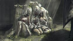  3girls against_wall android blue_archive commentary_request ein_(blue_archive) full_body highres knees_up leaning_on_person multiple_girls ohr_(blue_archive) overgrown ruins seiza shirasu_kuretaka sitting sof_(blue_archive) spoilers sunlight torn_clothes white_hair wide_shot 