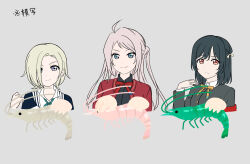  >:) 3girls :/ ahoge black_jacket black_shirt cardigan closed_mouth collared_shirt commentary_request derivative_work ebi_mome_(meme) expressionless green_ribbon grey_background grey_eyes grey_hair hair_ribbon highres ishimochi_(daleka333) jacket letterman_jacket looking_at_viewer loose_neck_ribbon love_live! love_live!_nijigasaki_high_school_idol_club love_live!_school_idol_festival_all_stars meme mia_taylor mifune_shioriko multiple_girls neck_ribbon official_style orange_eyes pink_hair r3birth_(love_live!) red_cardigan red_ribbon ribbon shirt short_hair simple_background smile split_mouth translation_request v-shaped_eyebrows white_ribbon white_shirt yellow_ribbon zhong_lanzhu 