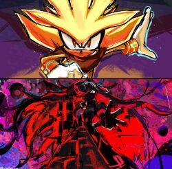  1boy 1girl aged_up alternate_design animal_ears animal_nose body_fur borrowed_design bracelet brown_cape cape cyberspace digital_dissolve dress facial_hair furry furry_male glitch gloves gold_bracelet hair_over_one_eye hair_rollers hedgehog_boy highres jewelry long_hair long_sleeves looking_at_viewer multicolored_hair neo_sage_(kornart) red_eyes red_hair sage_(sonic) silver_the_hedgehog smile sonic_(series) sonic_frontiers sonic_the_hedgehog_(2006) super_silver teeth thedogfamilyguy white_facial_hair white_gloves white_hair yellow_fur 