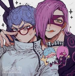  2boys adjusting_eyewear anger_vein blue_hair commentary earrings frown ghiaccio glasses green_eyes highres jewelry jojo_no_kimyou_na_bouken little_twin_stars long_hair male_focus mask melone multiple_boys neg_50asu purple_hair red-framed_eyewear sanrio shirt smile tongue tongue_out translation_request untranslatable_commentary v vento_aureo white_shirt 
