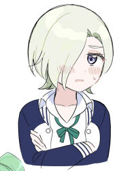  1girl blue_jacket blush collared_shirt commentary_request cropped_torso crossed_arms green_ribbon grey_eyes hair_over_one_eye ishimochi_(daleka333) jacket letterman_jacket long_sleeves looking_at_viewer loose_neck_ribbon love_live! love_live!_nijigasaki_high_school_idol_club mia_taylor neck_ribbon one_eye_covered open_clothes open_jacket open_mouth ribbon shirt simple_background solo sweatdrop upper_body white_background white_shirt 