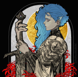  1girl alternate_costume arcane:_league_of_legends arcane_jinx arch armor babu_(babushkahihi) black_border blue_hair border cape closed_eyes closed_mouth dragon_earrings earrings flower hair_over_shoulder halo highres holding holding_sword holding_weapon jewelry jinx_(league_of_legends) league_of_legends long_hair multiple_rings pale_skin red_flower ring shoulder_armor solo sword twitter_username upper_body weapon 