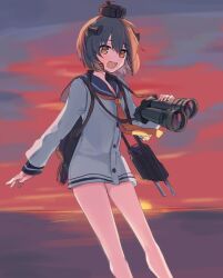  1girl binoculars blue_sailor_collar brown_eyes brown_hair dress holding holding_binoculars kantai_collection long_sleeves mxkjxm_(nhss2337) neckerchief ocean open_mouth orange_neckerchief outdoors rigging sailor_collar sailor_dress short_dress short_hair sky solo sunset water white_dress yukikaze_(kancolle) 