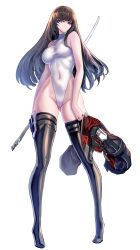  1girl absurdres black_hair black_thighhighs blue_eyes covered_navel cws1122uu english_commentary full_body highleg highleg_leotard highres jacket leotard long_hair original simple_background solo sword thigh-highs turtleneck turtleneck_leotard unworn_jacket weapon white_background white_leotard 