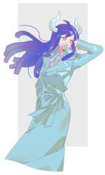  1girl adjusting_hair alternate_costume blue_coat blue_hair coat commentary feet_out_of_frame floating_hair hand_in_pocket hand_up horns long_hair looking_to_the_side mask mouth_mask one_piece pink_eyes raine_(acke2445) shirt sidelocks solo ulti_(one_piece) untranslatable_commentary white_shirt 