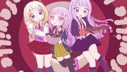  3girls :o ahoge akamatsu_kaede black_gloves black_ribbon black_thighhighs blonde_hair blush boots braid brown_skirt collared_shirt commentary_request d: danganronpa:_trigger_happy_havoc danganronpa_(series) danganronpa_2:_goodbye_despair danganronpa_v3:_killing_harmony derivative_work dress_shirt food gloves hair_ribbon hand_up happy_mille-feuille_(idolmaster) highres holding holding_food hood hood_down jacket kirigiri_kyoko long_hair long_sleeves looking_at_viewer medium_hair misa_(usaginosakura) multiple_girls musical_note musical_note_print nanami_chiaki necktie open_clothes open_jacket parody pink_eyes pink_shoes pleated_skirt purple_jacket purple_skirt red_background red_necktie red_skirt ribbon shirt shoes skirt sweat thigh-highs two-tone_shirt white_shirt 