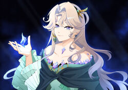  1girl bare_shoulders beryl_bouanich black_cloak blue_eyes cloak closed_mouth collarbone crescent crescent_earrings crystal crystal_earrings dark_background dragonfly_hair_ornament earrings floating_earrings grey_hair hand_up hayde_ink holding holding_crystal jewelry long_hair long_sleeves mismatched_earrings off_shoulder parted_bangs reverse:1999 smile solo upper_body wide_sleeves 