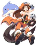  1girl anchor animal ankle_boots bare_shoulders belt black_gloves blush boots breasts brown_hair dolphin fingerless_gloves full_body gloves go-gyan-sun grin guilty_gear guilty_gear_xrd hat highres long_hair looking_at_viewer may_(guilty_gear) orange_eyes outline pants pirate_hat ponytail sideboob silhouette skull skull_and_crossbones smile solo 