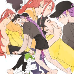  3girls baseball_cap black_hair black_hat black_pants black_shorts body_markings braid cheek_squash commentary earrings grey_pants grey_shirt hashtag-only_commentary hat highres holding holding_notebook hood hoodie jewelry kpop_demon_hunters long_hair mira_(kpop_demon_hunters) multiple_girls notebook pants pink_hair purple_hair rumi_(kpop_demon_hunters) shirt shorts single_braid sseui two_side_up very_long_hair yellow_hoodie zoey_(kpop_demon_hunters) 