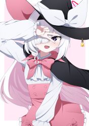  1girl absurdres black_cape black_hairband black_hat blue_archive bow braid cape colored_inner_hair commentary dress english_commentary grey_eyes hair_over_one_eye hairband halo hat hat_bow highres long_hair long_sleeves magical_girl multicolored_hair open_mouth pink_bow pink_hair pink_skirt plana_(blue_archive) red_halo red_pupils simple_background skirt smile solo two-tone_hair upper_body v very_long_hair watakaze white_background white_hair witch_hat 