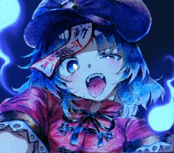  1girl annnu black_ribbon blue_background blue_eyes blue_hair blush chinese_clothes commentary_request hat hat_ornament highres hitodama jiangshi looking_at_viewer miyako_yoshika neck_ribbon newsboy_cap ofuda open_mouth purple_hat red_shirt ribbon shirt short_sleeves solo star_(symbol) star_hat_ornament tangzhuang tongue tongue_out touhou upper_body 