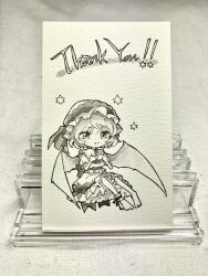  1girl ascot back_bow barefoot bat_wings bow chibi chibi_only closed_mouth collared_shirt commentary_request cup frilled_shirt_collar frilled_skirt frills full_body hat highres holding holding_cup mob_cap photo_(medium) puffy_short_sleeves puffy_sleeves remilia_scarlet s.mamiya shirt short_hair short_sleeves skirt skirt_bow solo teacup thank_you toes touhou traditional_media wings 