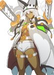  belt beltbra breasts cape dark_skin guilty_gear guilty_gear_xrd hat oetarou orange_eyes ramlethal_valentine short_shorts shorts silver_hair sword thigh_strap under_boob weapon 