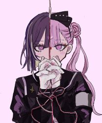  1boy 1girl armband black_bow black_hairband black_jacket black_sailor_collar black_serafuku blush_stickers bow brother_and_sister commentary eyelashes eyeliner gakuran gloves hair_bun hairband highres holding_hands interlocked_fingers jacket last_defense_academy_school_uniform long_hair makeup medium_hair multicolored_hair pink_background pink_eyes pink_hair pink_pupils purple_hair red_eyeliner sailor_collar school_uniform serafuku siblings simple_background split_screen streaked_hair the_hundred_line_-last_defense_academy- torimomoniku3 tsukumo_ima tsukumo_kako twins upper_body white_armband white_gloves white_streaks 