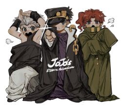  3boys age_regression aged_down black_coat black_hat blush closed_mouth coat commentary_request copyright_name earrings freckles full_body green_coat grey_hair hat highres jean_pierre_polnareff jewelry jojo_no_kimyou_na_bouken kakyoin_noriaki kujo_jotaro looking_at_viewer male_focus multiple_boys neg_50asu open_mouth oversized_clothes red_hair short_hair simple_background stardust_crusaders white_background 