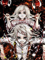  1boy 1girl androgynous black_eyes bow buttons character_request collared_shirt commentary_request hair_ornament hairclip highres holding holding_string lace-trimmed_sleeves lace_trim long_hair looking_at_viewer open_mouth parallel_hairclips parted_lips pink_bow pink_shirt puppeteering shirt shishi_(eai_make) short_hair smile spool stitched_arm stitched_mouth stitched_neck stitches string suspenders suzuya_juuzou swept_bangs thread three-quarter_sleeves tokyo_ghoul white_hair white_shirt x_hair_ornament 