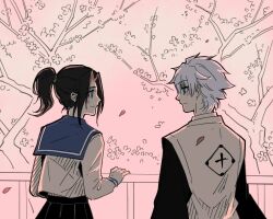  1boy 1girl black_hair bleach bleach:_sennen_kessen-hen commentary english_commentary from_behind green_eyes haori high_ponytail highres hitsugaya_toushirou japanese_clothes kurosaki_karin long_sleeves petals ponytail railing school_uniform serafuku shihakusho silegesi taichou_haori tree white_hair 
