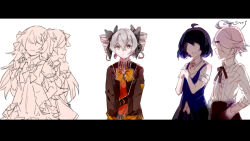  5girls ahoge black_bow black_skirt blue_eyes blue_hair blue_vest bow bowtie bronya_zaychik bronya_zaychik_(wolf's_dawn) brown_jacket chon_(klliaytong) closed_mouth commentary_request earrings faceless faceless_female grey_eyes grey_hair hair_bow highres honkai_(series) honkai_impact_3rd jacket jewelry liliya_olenyeva long_hair long_sleeves looking_at_viewer multiple_girls open_clothes orange_bow orange_bowtie orange_vest pink_hair rozaliya_olenyeva seele_vollerei seele_vollerei_(azure_memories) seele_vollerei_(swallowtail_phantasm) shirt short_hair siblings sin_mal skirt smile twins vest white_background white_shirt 
