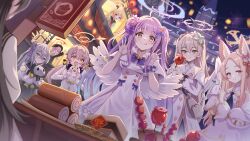  6+girls :d absurdres angel_wings animal_ears anniversary azusa_(blue_archive) back beckoning bird bird_wings black_hair black_shirt blonde_hair blue_archive blue_eyes blue_halo bow bowtie bribery building cable_car cake ccczr chinese_knot city_lights clock clock_tower closed_mouth commentary_request countdown demon_doll demon_horns doll door dress excited faceless faceless_female food gradient_hair grey_hair hair_bun hair_spread_out halo hands_in_own_hair hands_up hifumi_(blue_archive) highres holding holding_doll holding_tanghulu horns koharu_(blue_archive) lantern laughing long_hair long_sleeves looking_at_another looking_at_object looking_to_the_side mika_(blue_archive) multicolored_hair multiple_girls nagisa_(blue_archive) neckerchief necktie night open_mouth outdoors paper_lantern pink_eyes pink_hair pink_halo plate ponytail purple_hair rainbow_rice_cake rappelling red_eyes red_halo red_neckerchief red_necktie sailor_collar school_uniform scrunchie seia_(blue_archive) shirt shop shopping side_ponytail signboard smile spread_fingers standing sticker store_clerk storefront swiss_roll table tanghulu topknot tower twintails white_dress white_hair window wings wrist_scrunchie yellow_eyes yellow_halo 