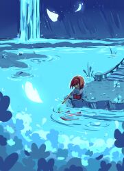  1other 2024 2d ambiguous_gender ankle_boots annalee-sama blue_shorts blue_sweater boots brown_boots brown_hair child commentary digital_media double_horizontal_stripe english_commentary frisk_(undertale) highres holding holding_stick horizontal-striped_clothes human in-universe_location knees_up long_sleeves making-of_available other_focus outdoors painttool_sai_(medium) pink_stripes river scenery short_hair shorts sitting solo stick striped_clothes striped_sweater sweater two-tone_sweater undertale utdr_(toby_fox) water waterfall wide_shot 