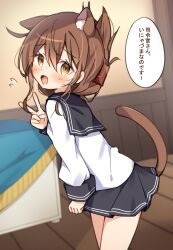  1girl absurdres animal_ear_fluff animal_ears black_sailor_collar black_skirt blurry blurry_background blush brown_eyes brown_hair cat_ears cat_girl cat_tail commentary_request desk flying_sweatdrops folded_ponytail hair_between_eyes highres inazuma_(kancolle) indoors kantai_collection kemonomimi_mode long_sleeves looking_at_viewer open_mouth orange_eyes pleated_skirt sailor_collar school_uniform serafuku serichii skirt solo speech_bubble tail translation_request v 