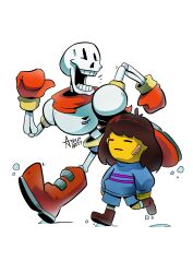  1boy 1other 2019 2d =_= absurdres ambiguous_gender ankle_boots armor artist_name ashley_artly bandaid bandaid_on_face blue_shorts blue_sweater boots brown_boots brown_hair brown_shorts cape child commentary digital_media double_horizontal_stripe duo english_commentary frisk_(undertale) full_body gloves highres horizontal-striped_clothes human humanoid long_sleeves making-of_available male monster monster_boy notice_lines open_mouth papyrus_(undertale) pink_stripes red_boots red_cape red_gloves running short_hair shorts signature simple_background skeleton socks striped_clothes striped_sweater sweater teeth two-tone_sweater undead undertale utdr_(toby_fox) white_armor white_background white_socks 