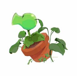  artist_name black_eyes chromatic_aberration closed_eyes closed_mouth clover commentary dirt facing_viewer film_grain flower_pot flower_pot_(plants_vs._zombies) from_side halftone hightguy leaf light_smile looking_up no_humans peashooter_(plants_vs._zombies) plant plant_focus plants_vs._zombies profile simple_background solid_oval_eyes untranslatable_commentary weeds white_background 