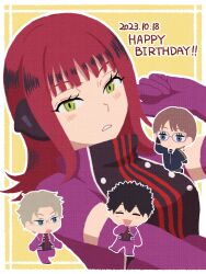  2boys 2girls birthday black_hair blush border border_operator_uniform_(world_trigger) breasts brown_hair chibi chibi_inset commentary dated elbow_gloves english_text glasses gloves hand_up happy_birthday headphones highres katori_squad's_uniform katori_youko long_sleeves looking_at_viewer medium_breasts medium_hair miura_yuuta multiple_boys multiple_girls necktie omuimui5 red_hair short_hair short_sleeves somei_hana spiky_hair wakamura_rokurou white_border world_trigger yellow_background yellow_eyes 