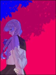  1boy arms_behind_back black_sailor_collar braid commentary_request crossdressing crossdressing_(mtf) grey_shirt highres juusan_kihei_bouei_ken kogoe_(user_hxsj4452) light_smile long_hair long_sleeves looking_at_viewer male_focus okino_tsukasa pink_background sailor_collar school_uniform serafuku shirt solo trap tree_shade twin_braids upper_body white_hair 