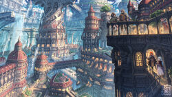  1boy 3girls armor blue_hair bridge brown_hair cityscape cloak commentary_request concept_art crowd fantasy fingerless_gloves gloves grey_hair guard_rail highres jacket knight long_hair mixed-language_commentary multiple_girls nagi_itsuki orange_hair original over_shoulder pointy_ears road scenery short_hair shoulder_armor smoke smoke_trail stairs statue street tower tree very_long_hair weapon weapon_over_shoulder window 