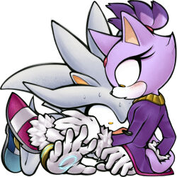  1boy 1girl blaze_the_cat blush furry furry_female furry_male gknight_owl gloves hashtag-only_commentary hetero silver_the_hedgehog simple_background sonic_(series) sweat white_gloves yellow_eyes 
