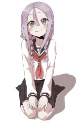  1girl black_sailor_collar black_skirt black_socks blush braid brown_eyes closed_mouth full_body hair_between_eyes hair_over_shoulder hands_on_lap hashtag-only_commentary henfrey14 highres long_hair looking_up neckerchief parted_bangs purple_hair red_neckerchief sailor_collar school_uniform seiza shadow shirt simple_background sitting skirt socks solo soredemo_ayumu_wa_yosetekuru white_background white_shirt yaotome_urushi 