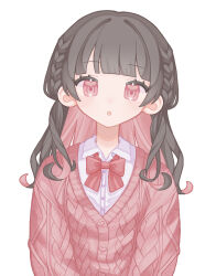  1girl :o arms_at_sides black_hair blunt_bangs bow bowtie braid buttons cable_knit cardigan collared_shirt colored_inner_hair commentary_request curly_hair expressionless flat_chest hair_over_shoulder heart heart_button highres hitose_rei large_ears long_hair long_sleeves looking_at_viewer multicolored_hair open_mouth original pink_cardigan pink_eyes pink_hair puffy_long_sleeves puffy_sleeves red_bow red_bowtie shirt side_braids simple_background solo straight-on tareme two-tone_hair upper_body white_background white_shirt 